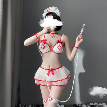 甜美护士三点式套装 蕾丝发箍 深V镂空 蓬蓬纱裙