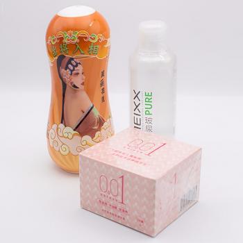 国潮花旦紧致快感飞机杯+超薄安全套+润滑油男用自慰套装